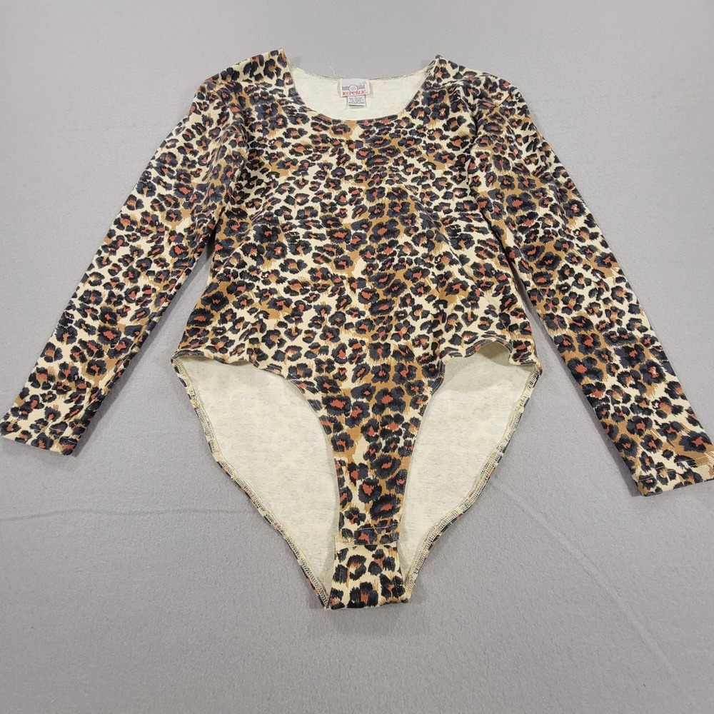 Vintage‎ 90s Denim Republic Leopard Print Bodysuit Long Sleeve Womens Large Y2K